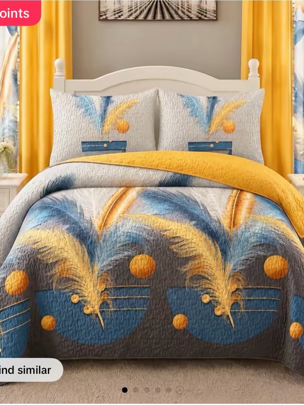 New King 5-Piece Blue, Gray & Yellow Feather Bedspread Set